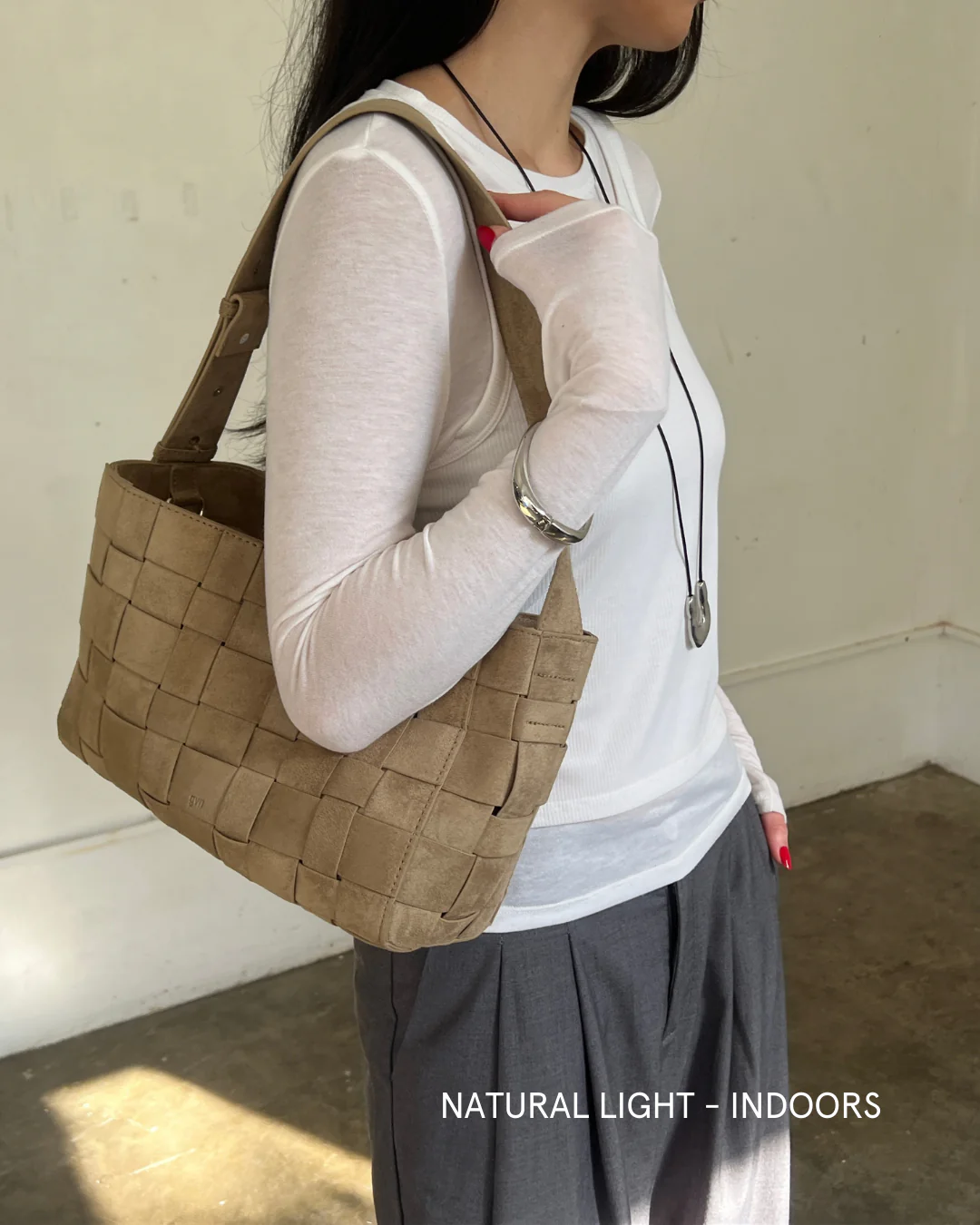 Medium Woven Frame Bag in Suede Sand - Image 6